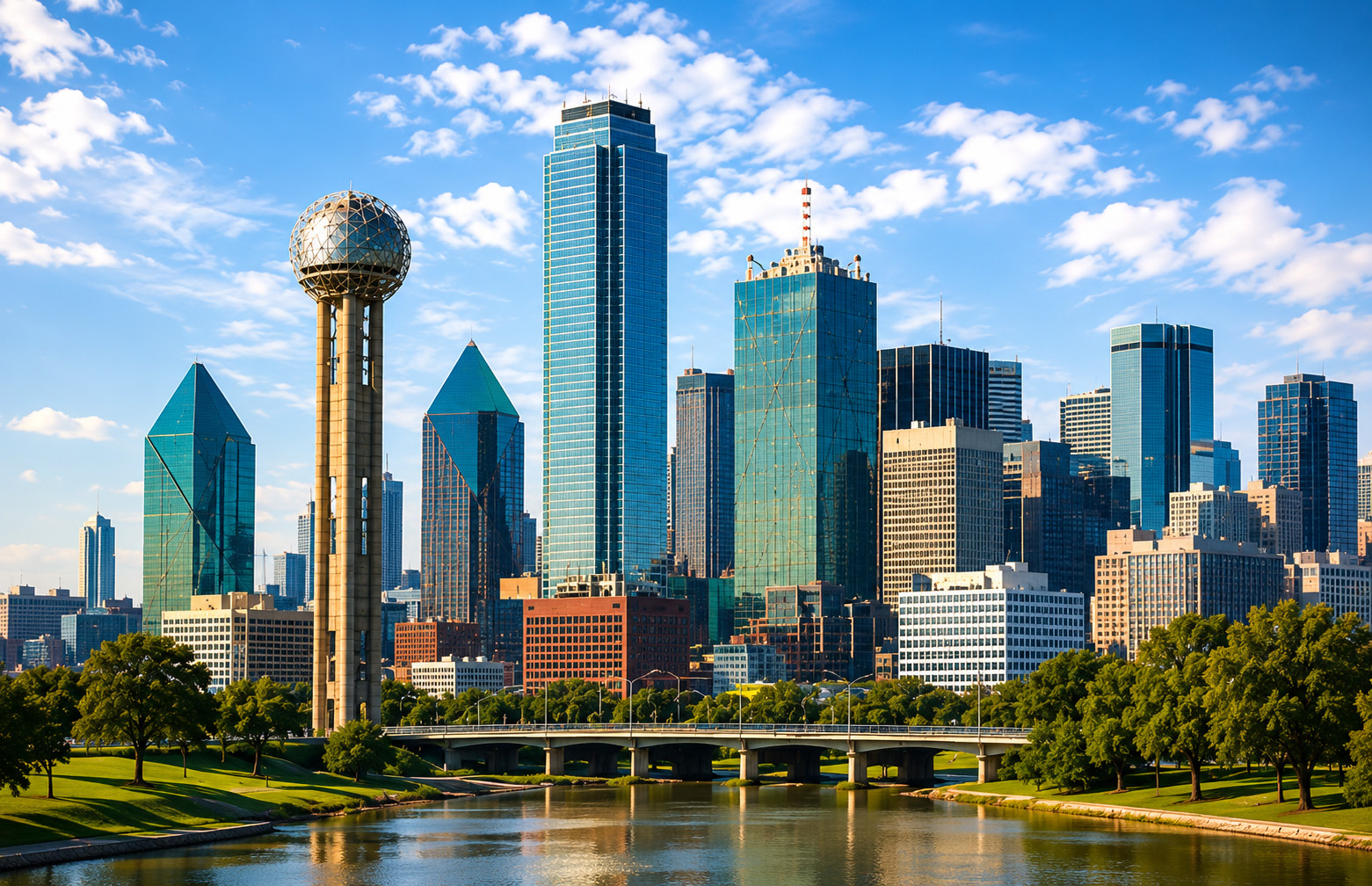 Downtown Dallas skyline with Reunion Tower on a sunny day